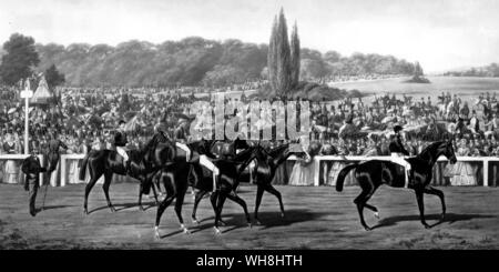 This was 1864, the eighth year of Longchamp, the second of the Grand Prix. The first running had confirmed France's worst fears about internationalizing a classic race. But in the second Henry Delamare's Vermout, by The Nabob (third from left, ridden by Kitchener) bear Lagrange's Oaks winner Fille de l'Aire, French-bred by Faugh-a-Ballagh (far left, ridden by Edwards) with William l'Anson's Derby Blair Athol by Stockwell (Challoner) only third. Tom Challoner is said to have been unnerved by the Anglophobe French crowd, but all the other jockeys were English too. The official on the left is Stock Photo