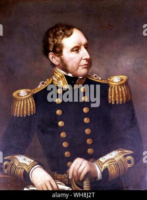 Robert FitzRoy (1805-1865), after his promotion to Vice-Admiral, by Francis Lane. From Darwin and the Beagle by Alan Moorhead, page 24.. FitzRoy achieved lasting fame as the captain of HMS Beagle and as a pioneering meteorologist who invented weather forecasts, also proving an able surveyor and hydrographer as well as Governor of New Zealand.. Stock Photo