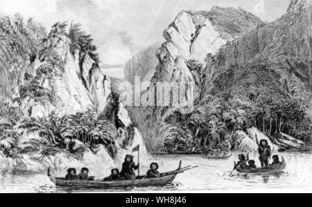The crew of the Beagle hailed by Fuegians of Jemmy Button's tribe. Orundellico, known as Jemmy Button, (c.1815-1864) was a native Fuegian of the Yaghan (or Yamana) tribe from islands around Tierra del Fuego, in modern Chile and Argentina. He was brought to England by Captain FitzRoy on the HMS Beagle and became a celebrity for a period. Darwin and the Beagle by Alan Moorhead, page 95.. . . Stock Photo