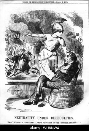Opinion in England as shown by the figure of Britannia differed to that held by Disraeli who affected to believe the atrocities had been much exaggerated by journalists and troublemakers such as Gladstone. 'Neutrality under difficulties 'from Punch 5 August 1876 page 51. Stock Photo