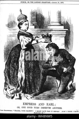Queen Victoria created Disraeli Earl of Beaconfield in August 1876 in return for his successful engineering through Parliament of the Royal Titles Bill making the Queen Empress of India '. Empress and Earl. Or, one good turn deserves another' from Punch 26 August 1876 page 83 Stock Photo