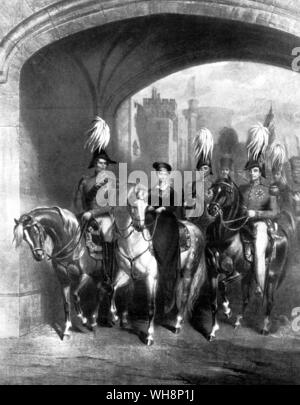Queen Victoria passing out of Windsor Castle in 1838 on her way to a Royal Review from the Illustrated Sporting and Drammatic News 19 June 1897 page 645 Stock Photo