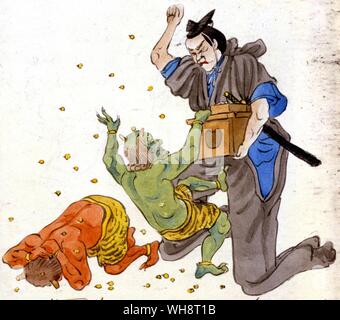 'Getting rid of the headache devil'. Illustrative interpretation by Baiho. 1904. Stock Photo