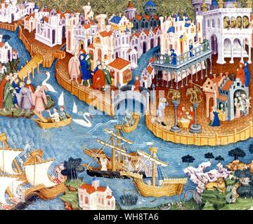 A view of Venice in 1338 when the city was beginning its long period of wealth and magnificence as a result of its thriving trade with the East. Pepper was one the valuable commodities that Europe could obtain only through Venetian merchants, the middlemen. It is ironic that the very success of Venice led to a European conquest of the world Stock Photo