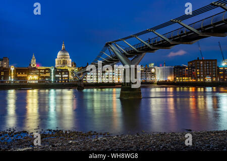 St. Pauls Cathedral and Millennium Bridge at night, City of London, London, England, United Kingdom, Europe