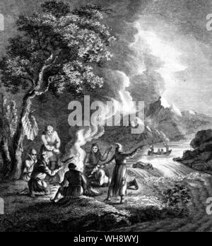 Lapps cooking fish, from G. Acerbi's Travels through Sweden, 1802 Stock Photo
