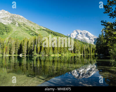 Snow-capped mountains reflected in the calm waters of String Lake, Grand Teton National Park, Wyoming, United States of America, North America Stock Photo