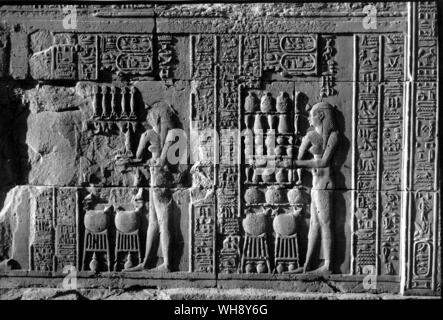 From the open court of Kom Ombo temple, c.30 B.C., a relief of a goddess with offerings representing the plentitude of Egypt.. Stock Photo