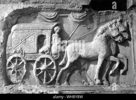 Relief from the 2nd century A.D. Roman travelling wagon.. Stock Photo