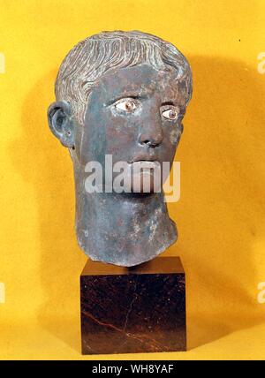 Bronze head of Augustus, 18.5 inches in height, with inlaid eyes. from a statue probably erected at the southern frontier of Roman Egypt. Found at Meroe, Republic of Sudan.. Stock Photo