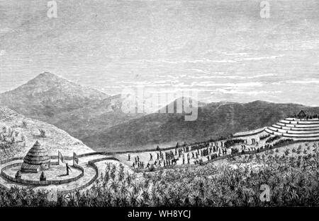 Rubanga, Mutesa'a new capital: '...situated in the centre of an amphitheatre formed by seven high walls or palisades through which entrance is had by opposing gates to which cow bells are attached.' (Chaille-Long) From a sketch by Chaille-Long. Stock Photo