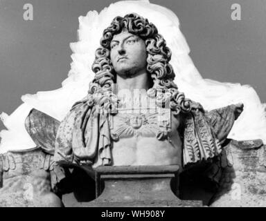 Louis XIV. The 30-ton marble bust on the pediment of the south front at Blenheim Palace. Marlborough removed it from Tournai after the siege in 1709. Stock Photo