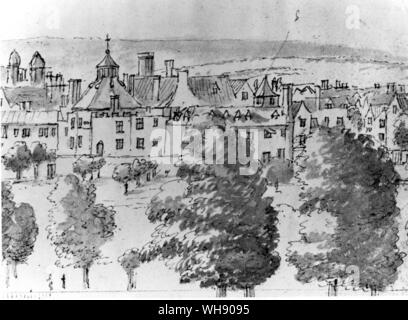 Now Anne was to have her own household, at the Cockpit, a residence across the street from the Palace of Whitehall. Who but Sarah could be her Lady of the Bedchamber?' A view of Westminster and Whitehall showing the Cockpit. Detail from a drawing by H. Danckerts (1634-1666) Stock Photo