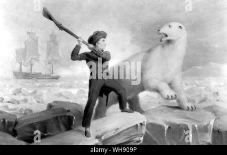 At the age of 14, Horatio Nelson went on an unsuccessful Arctic expedition to find the Northeast Passage. His attempt to acquire a polar bear skin for his father also failed when his musket misfired. He was only saved from an early death by a signal shot from his ship, which scared the bear off.. Stock Photo