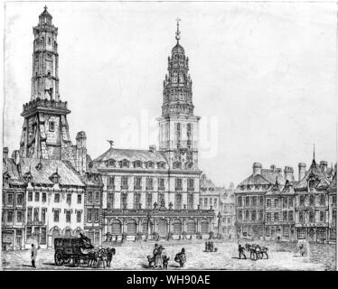Lighthouse and Grand Place, Calais. In the autumn of 1814, Emma moved back from Saint-Pierre into the centre of Calais to live in one squalid room. She died there on 15th January 1815.. Stock Photo
