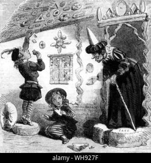 Hansel and Gretel caught sampling the gingerbread house. Wood-engraving by Edmund Evans, after the design by 'Phiz' (Hablot K Browne) from Grimm's Goblins, 1861.. Stock Photo