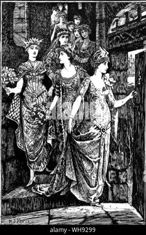 The Dancing Twelve Princesses. The princesses leaving their room by the secret staircase. Illustration by H J Ford from Andrew Lang's The Red Fairy Book, 1890. Stock Photo
