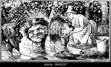 The Three Heads In The Well. H J Ford's illustration for the 'Bushy Bride', a parallel Norwegian tale, from Andrew Lang's The Red Fairy Book, 1890.. Stock Photo