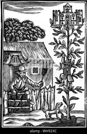 Jack and the Beanstalk. Woodcut from 'Round our coal-fire', 1734 re-engraved. Stock Photo