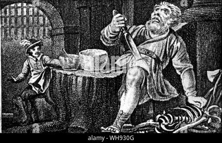 Jack and the Giant Killer. 'Taking a sharp knife he ripped open his own belly.' Engraving from Tabart's Popular Stories, 1804.. Stock Photo