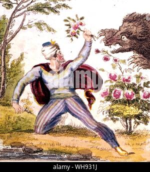 Beauty and the Beast. Hand-coloured copperplates from the 1813 edition of Beauty and the Beast.. Stock Photo
