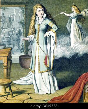 Cinderella. an air-borne (or cloud-borne) fairy godmother touches Cinderella with her wand. Colour wood-engraving by Kronheim & Co. after the design by W Gunston, from Aunt Louisa's London Toy Book, Cinderella, c.1876.. Stock Photo