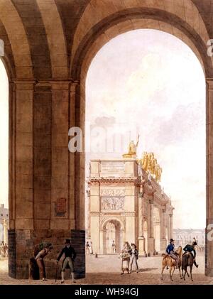 Vue de l'Arc de la Place du Caroussel - from under the passage de l'aile du midi. by Percier. Collection Destailleur. Bibliotheque Nationale, Paris. Charles Percier (Paris, August 22, 1764 - Paris, September 5, 1838) was a neoclassical French architect, interior decorator and designer, who worked in such close partnership with Pierre François Léonard Fontaine, originally his friend from student days, from 1794 onwards, that it is fruitless to disentangle artistic responsibilities in their work. Together, Percier and Fontaine were inventors and major proponents of the rich and grand, Stock Photo