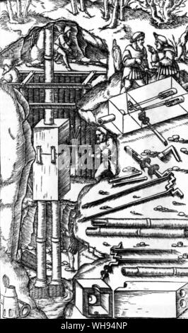 An engraving from De Re Metallica by Georg Agricola shows a piston pump for extracting water from mines. Crankshafts and connecting rods lie alongside. Agricola, a physician, worked in Joachimsthal, and his book became the standard work on mining for over 200 years. Stock Photo