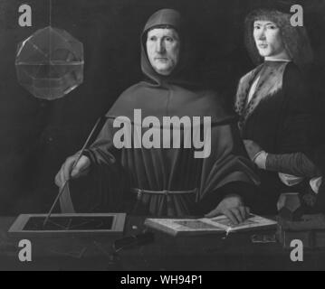 Luca Pacioli, mathematician, with a pupil - a painting by Jacopo de' Barbari. Leonardo and Pacioli worked together in Milan from 1496, and Leonardo drew diagrams like the many-sided solid for Pacioli's book De Divina Proportione, 1498. Stock Photo
