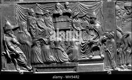 Cardinals in their copes' seated at the Ecumenical Council of 1439, on the right the Pope, on the left the Emperor. Detail from a bronze door by Filarete at St Peter's, Rome. Stock Photo