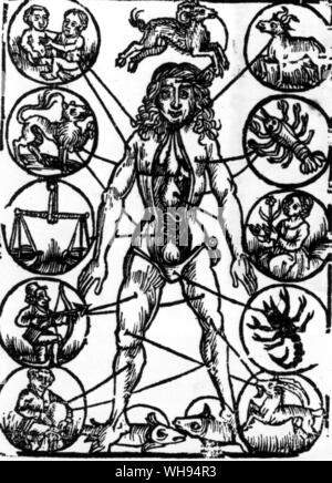 Respected medieval textbooks in Leonardo's time were sometimes misleading, and often irrelevant. Leonardo had an edition of Guy de Chauliac's book on surgery - an illustration from a manuscript version - and he was familiar with Mundinus' Anothomia which emphasized astrology shown in this woodcut from an edition of 1513. Stock Photo