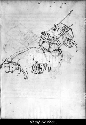 Leonardo da Vinci's sketch of a chariot with projecting sickles using ideas from Valturio's 'De Re Militari'. Leonardo made a study of weapons whilst spending time in Milan at the Court of Ludovico Sforza (Il Moro). Some of his sketches were valuble innovations ie a wheel lock pistol (although technological historians ascribe the invention to a Nuremberg watchmaker some thirty years later) Stock Photo