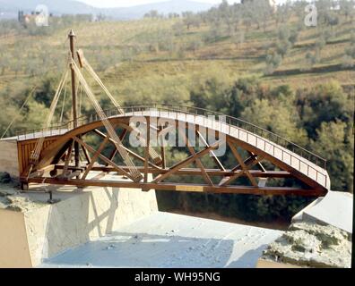 Italy/Venice. Leonardo Museum. Model of a swing bridge designed by da Vinci.. Stock Photo