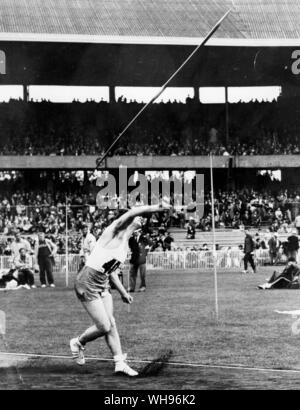 Aus., Melbourne, Olympics, 1956: Egil Danielsen's (Norway) winning throw in the javelin.. Stock Photo