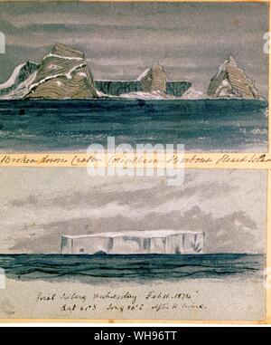 Two watercolours by Moseley. The upper picture shows Corinthian Harbour, Heard Island.. Stock Photo