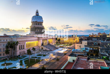 Aerial view the Gran Teatro de La Habana and El Capitolio at dusk, UNESCO World Heritage Site, Havana, Cuba, West Indies, Caribbean, Central America Stock Photo