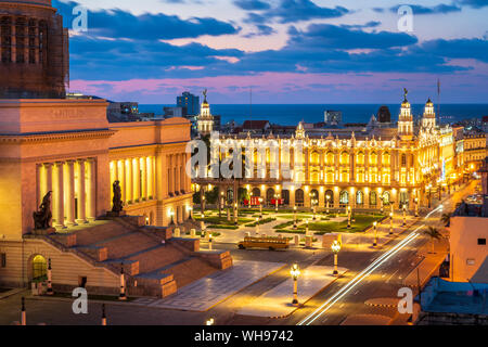 Aerial view the Gran Teatro de La Habana and El Capitolio at dusk, UNESCO World Heritage Site, Havana, Cuba, West Indies, Caribbean, Central America Stock Photo