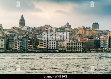 View of Karakoy and the Galata Tower from the Bosphorus, Istanbul, Turkey, Europe Stock Photo