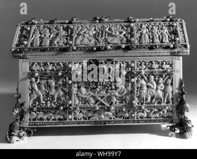 One of the ivory caskets from Ceylon presented by the King of Knotte to John III of Portugal in 1541.  The precious mounts were added in Europe Stock Photo