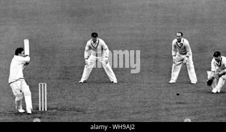 D C S Compton lashes C Wooler to leg in the match vs Leicestershire at Lords 1951 J E Walsh is at first slip and J Frith is keeping wicket Stock Photo