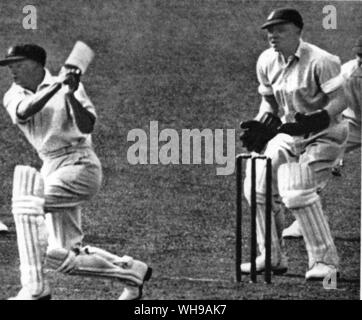 George  Duckworth keeping wicket while Bradman makes an on drive Stock Photo