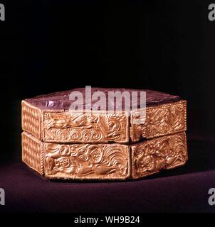 Wooden Box with gold panels Stock Photo