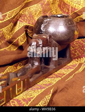 Archaeology Inca part of a wooden paccha inlaid with patterns in mastic ...