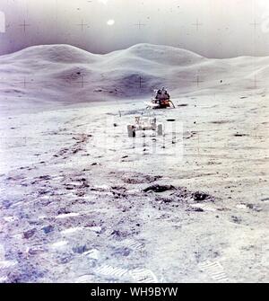 Space/Astronauts on moon rover and lunar module, Apollo 15. Stock Photo