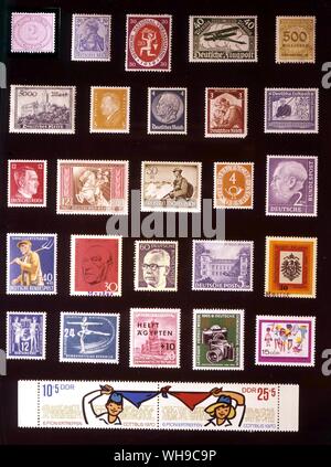 EUROPE - GERMANY: (left to right) 1. German Empire, 2 marks, 1875, 2. German Empire, 20 pfennigs, 1902, 3. German Republic, 30 pfennigs, 1920, 4. 40 pfennigs, 1919, 5. 500 million marks, 1923, 6. 5,000 marks, 1823, 7. 3 pfennigs, 1928, 8. 4 pfennigs, 1932, 9. 3 pfennigs, 1935, 10. 25 pfennigs, 1938, 11. 12 pfennigs, 1942, 12. 12 + 38 pfennigs, 1942, 13. 30 + 20 pfennigs, 1944, 14. German Federal Republic, 4 pfennigs, 1951, 15. 2 deutschemarks, 1954, 16. 40 + 10 pfennigs, 1958, 17. 30 pfennigs, 1968, 18. 60 pfennigs, 1971, 19. West Berlin, 5 deutschemarks, 1953, 20. West Berlin, 30 pfennigs, Stock Photo