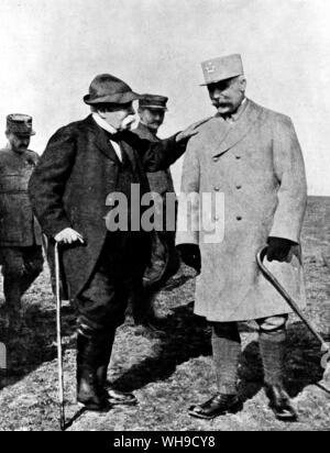 1917: Georges Clemenceau and Petain at the front, world war I. Georges Clemenceau, (1841-1929), French politician and journalist. Stock Photo