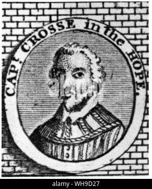 Captain Robert Crosse in the Hope.. who commanded a squadrom of supply ships for Sir Francis Drake in the 1589 expedition again Spain. Detail from an engraving of a pine tapestry Stock Photo