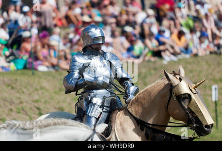 Close-up of a mounted Knight in Armour , taking part in a Joust: The Battle for Good at Dover Castle Stock Photo