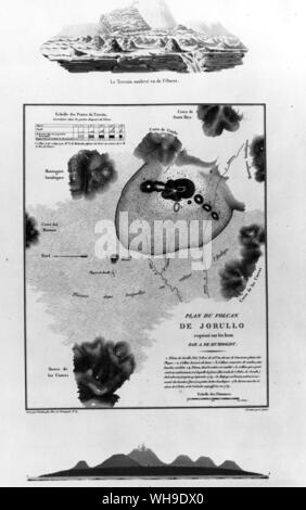 Three aspects of the Jorullo volcano.  From Atlas geographique et physique du Royaume de la Nouvello-Espagne by Humboldt and Bonpland Stock Photo