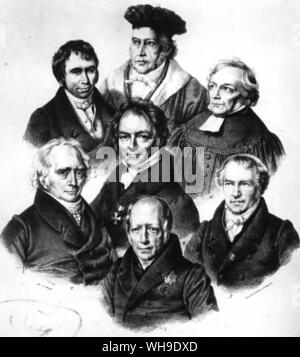 The savants of Berlin in the 1820s - Wilhelm von Humboldt (bottom). Alexander von Humboldt (on his right). Carl Ritter (centre). Georg Wilhelm Friedrich Hegel (top centre) Stock Photo